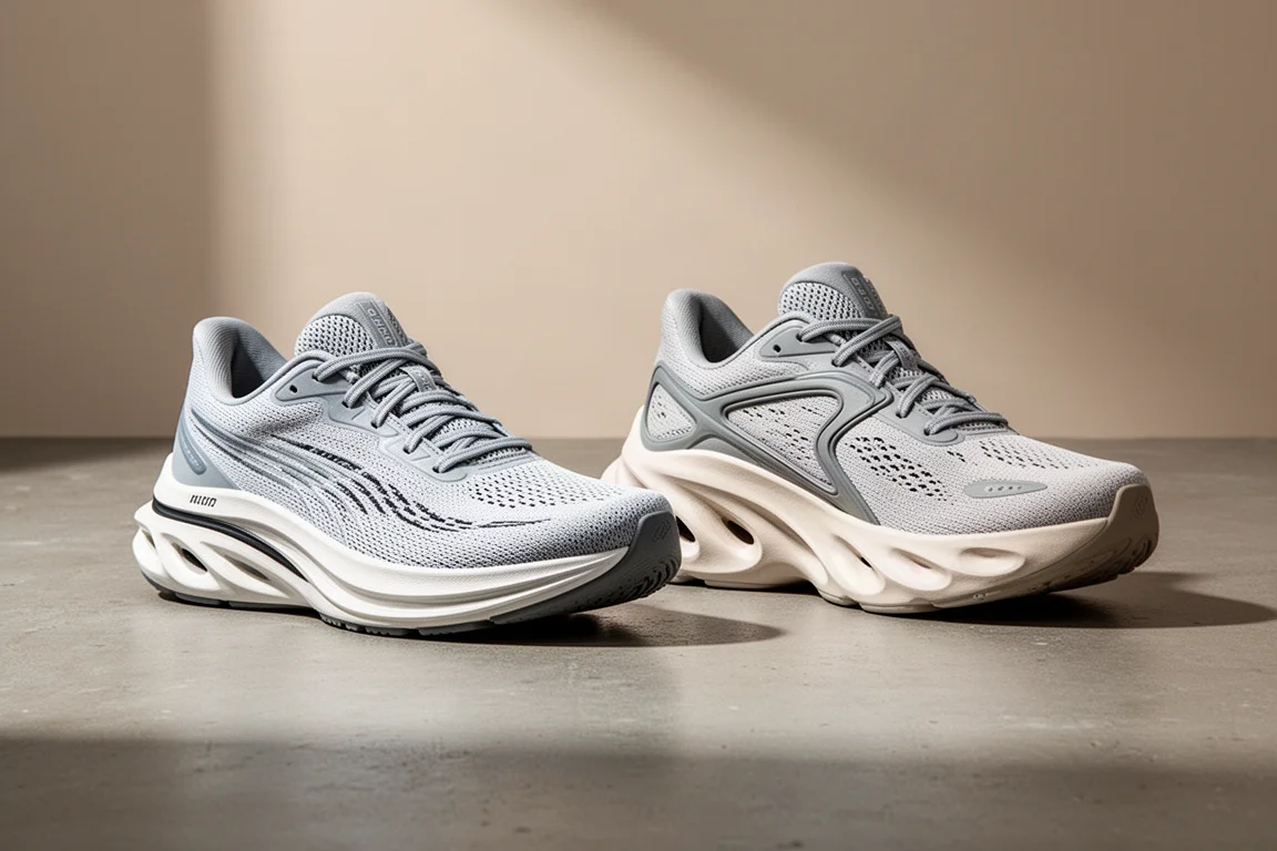 ASICS SuperBlast and Hoka Skyward X running shoes side by side on concrete