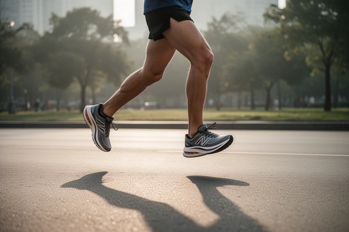 Corridore con scarpe ad alto stack su asfalto liscio nella morbida luce del mattino