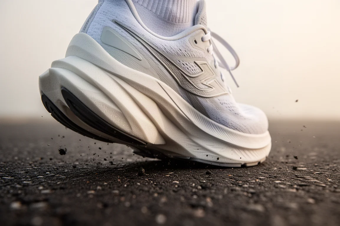 Primo piano della spesso midsole in schiuma che si comprime contro l'asfalto
