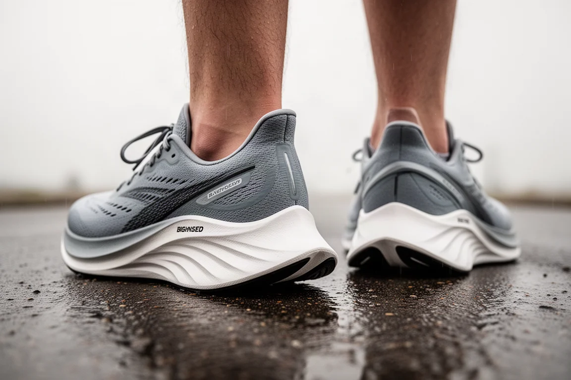 Suola e medio-piede di una scarpa da running su pavimento bagnato con indicazioni di stabilità