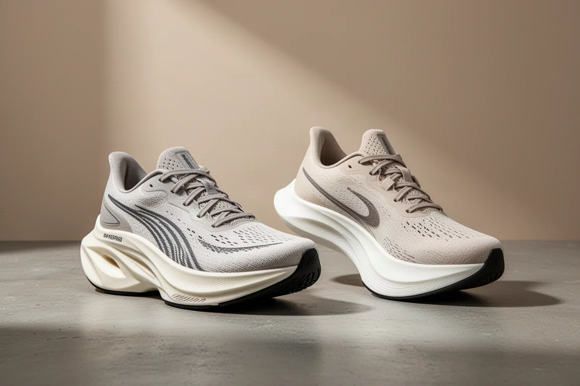 Asics Superblast and New Balance FuelCell SC Trainer side by side on concrete