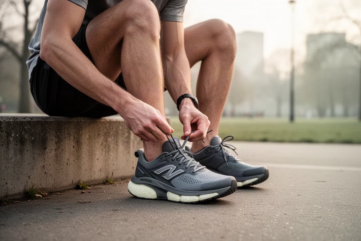 Runner lacing up a pair of max-cushion running shoes before a morning run
