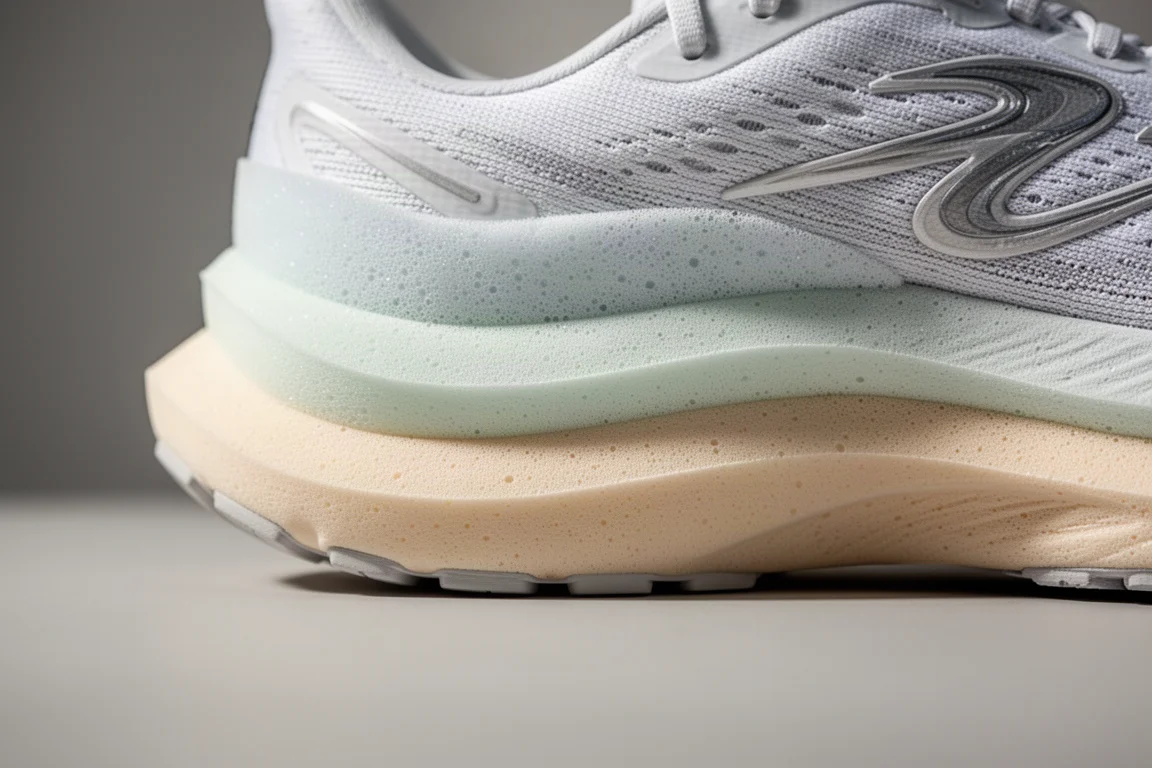 Close-up of a thick foam midsole showing the layered cushioning platform