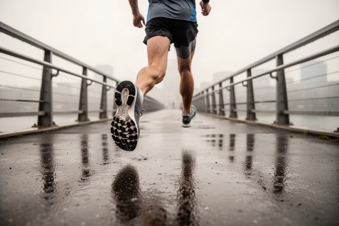 Runner crossing a wet bridge on a city street in the early morning