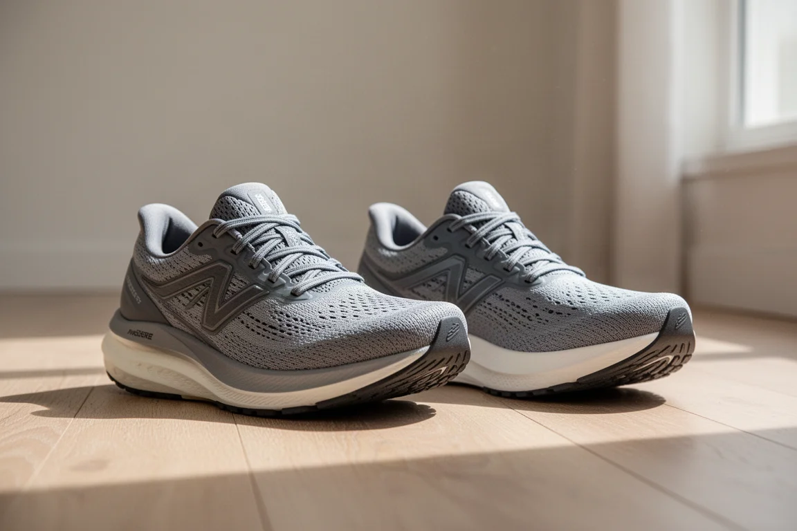 Two running shoes placed side by side showing the difference in stack height