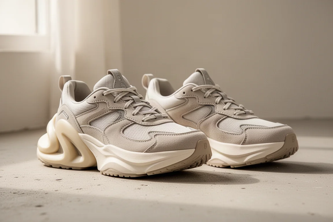 Two chunky running shoes side by side showing tall heel stacks on concrete