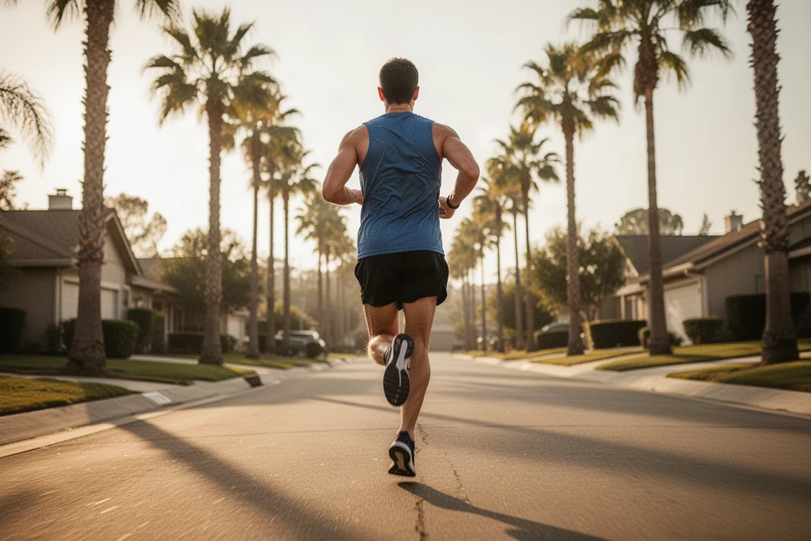 Runner clocking a fast steady run on sunlit suburban roads