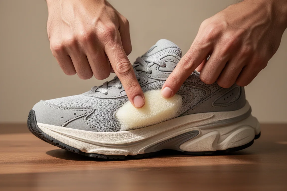 Running shoe midsole compressed by hand showing foam softness