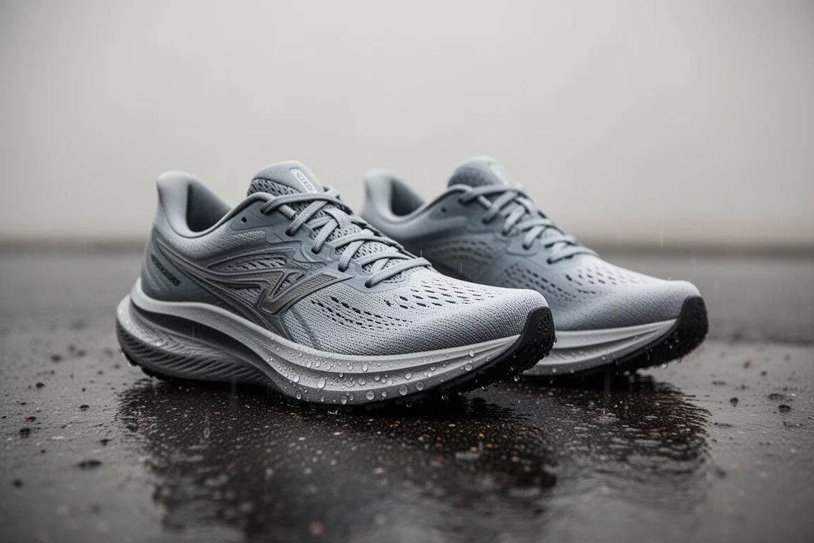 Hardloopschoenen op natte bestrating na de regen