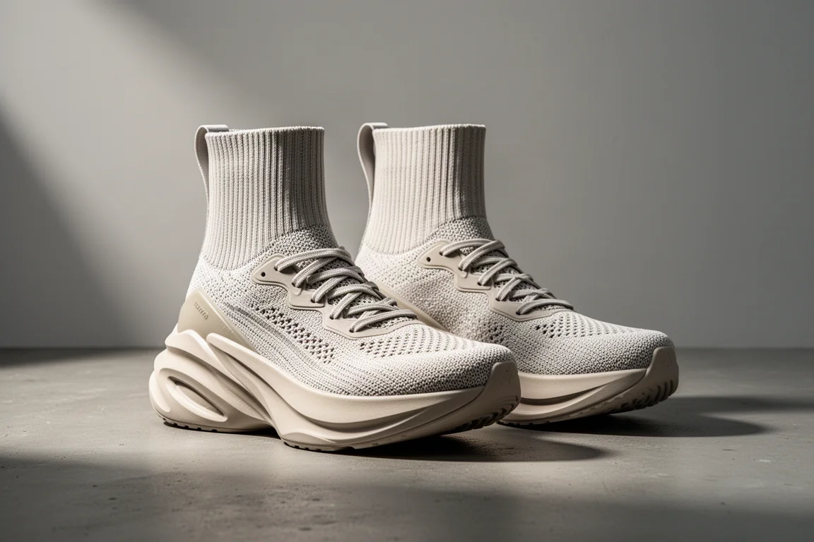 Two high-cushioned running shoes with thick sculpted midsoles on a concrete surface