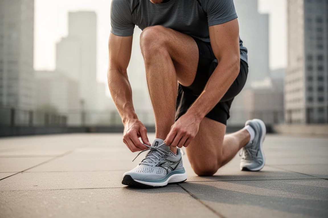 Un corridore allaccia le scarpe da running su un marciapiede urbano prima di un allenamento