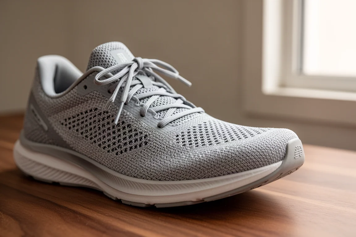 Primo piano della tomaia in mesh lavorato a maglia di una scarpa da running su superficie neutra