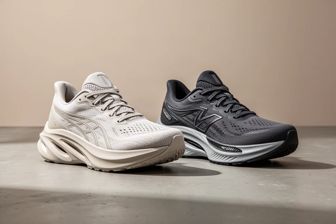 Two high-stack running shoes side by side on a matte concrete surface