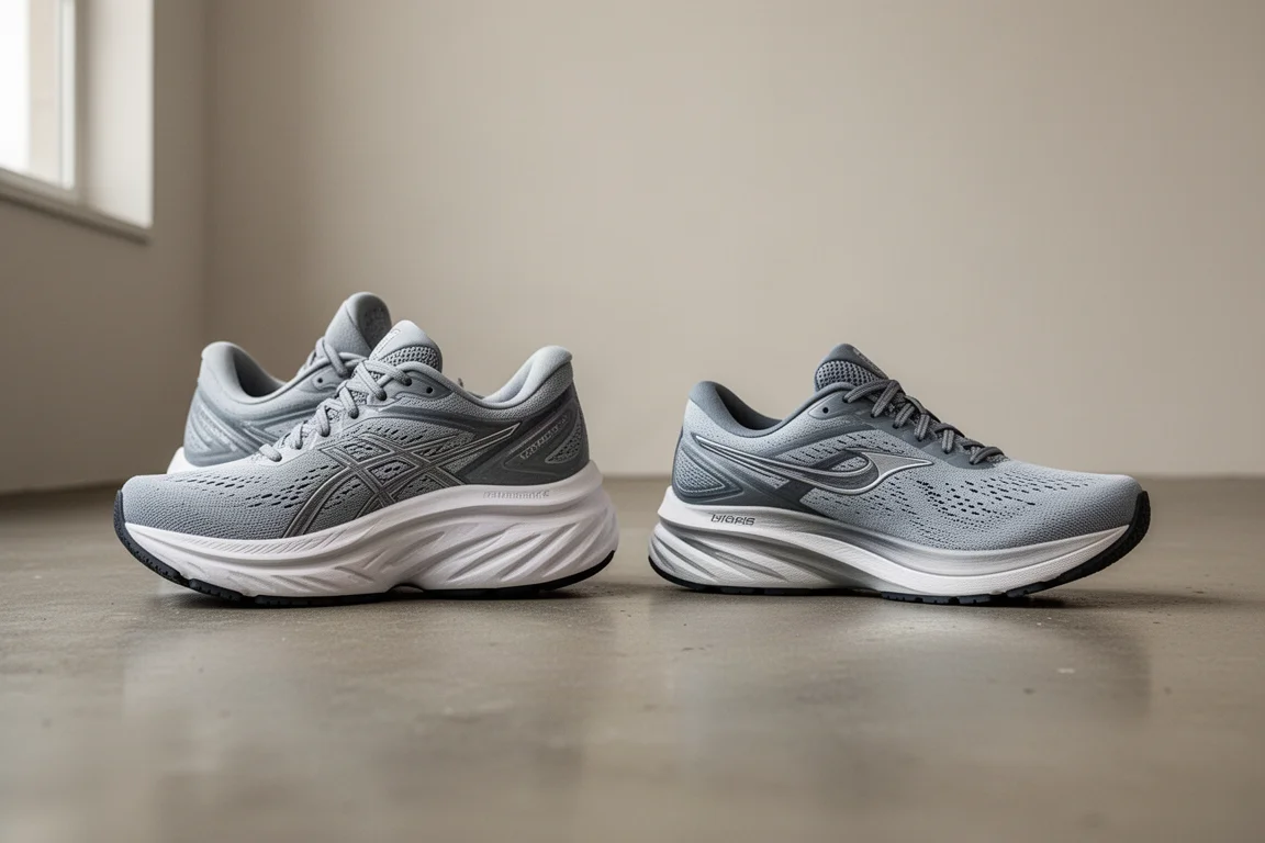 Two running shoes side by side on a concrete floor showing their different stack heights