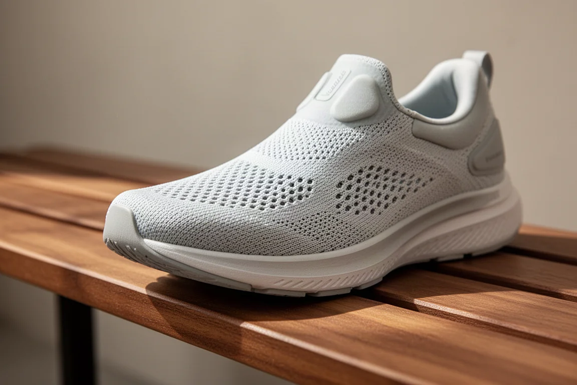 Close-up of a running shoe engineered mesh upper on a wooden bench