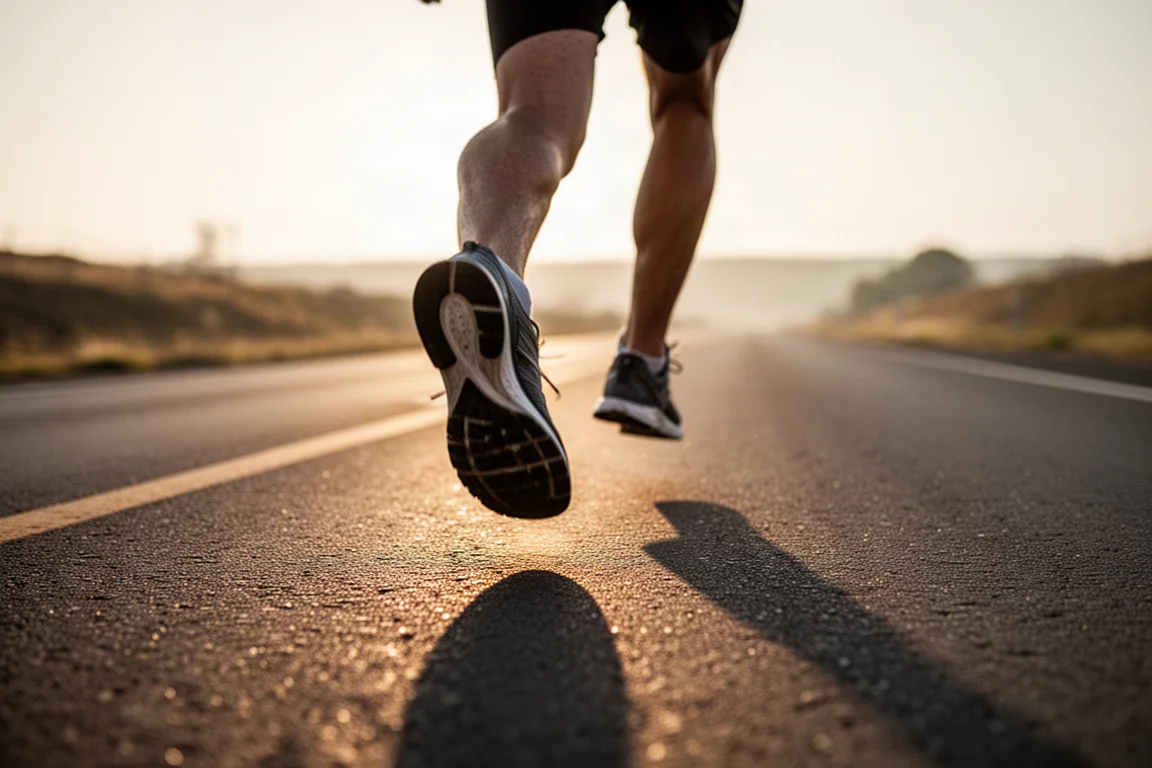 Runner's feet mid-stride on an empty road at sunrise