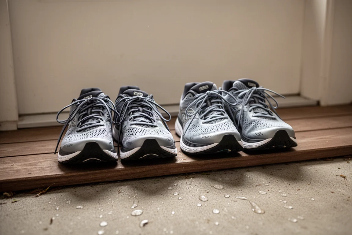 Running shoes lined up on a porch after a long run