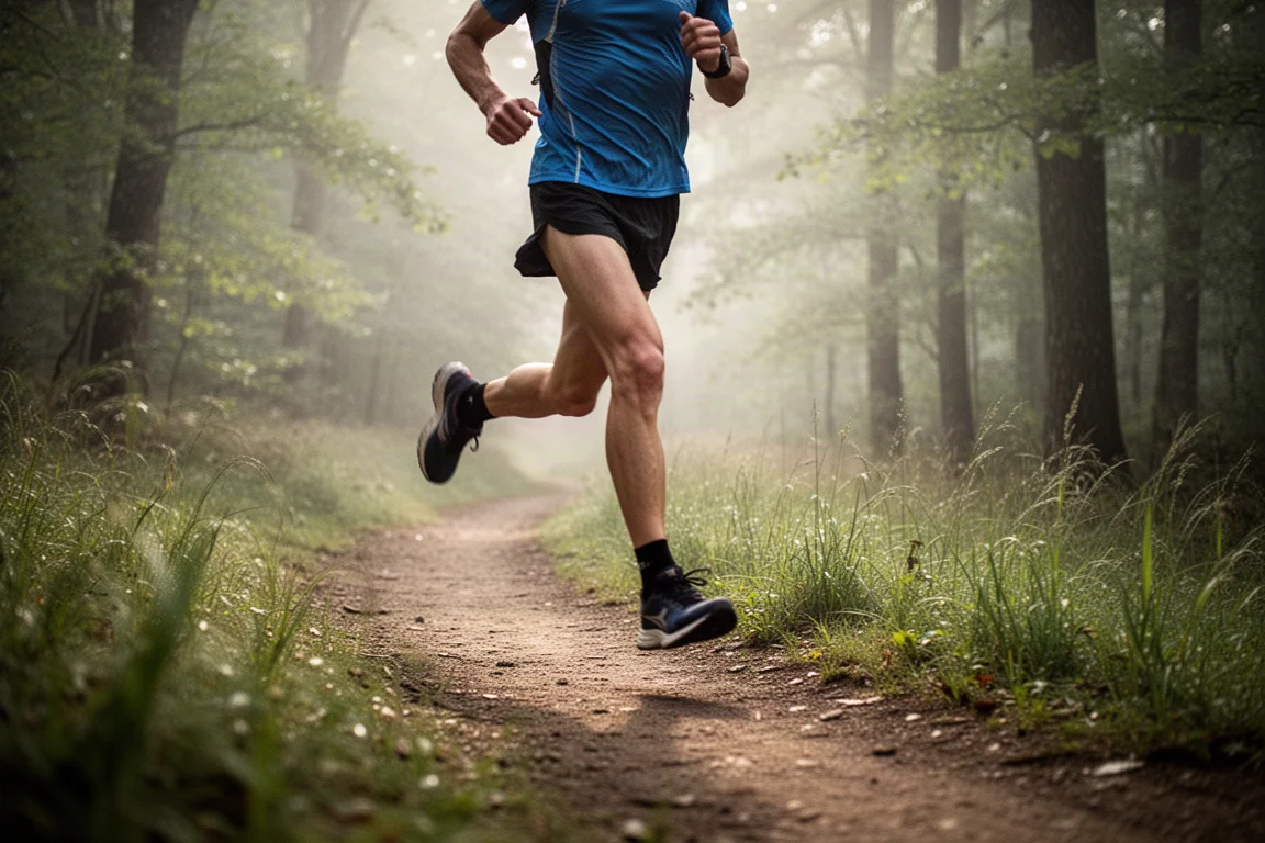 Biegacz przebiegający przez błotnistą pętlę podczas długiego ultramaratonu