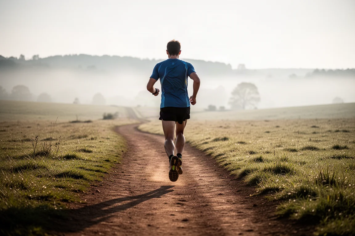 Trailrunner onderweg op een rotsachtig pad door open landschap