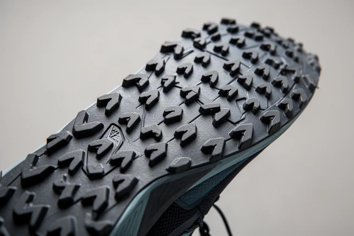 Gros plan sur les profonds crampons en caoutchouc d'une semelle de chaussure de trail posée sur du gravier