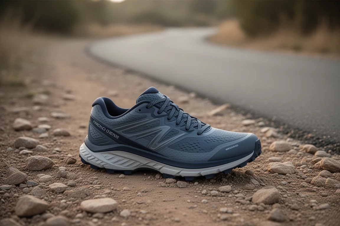 Chaussure de trail sur le porche d'un chalet donnant sur un paysage de montagne froid