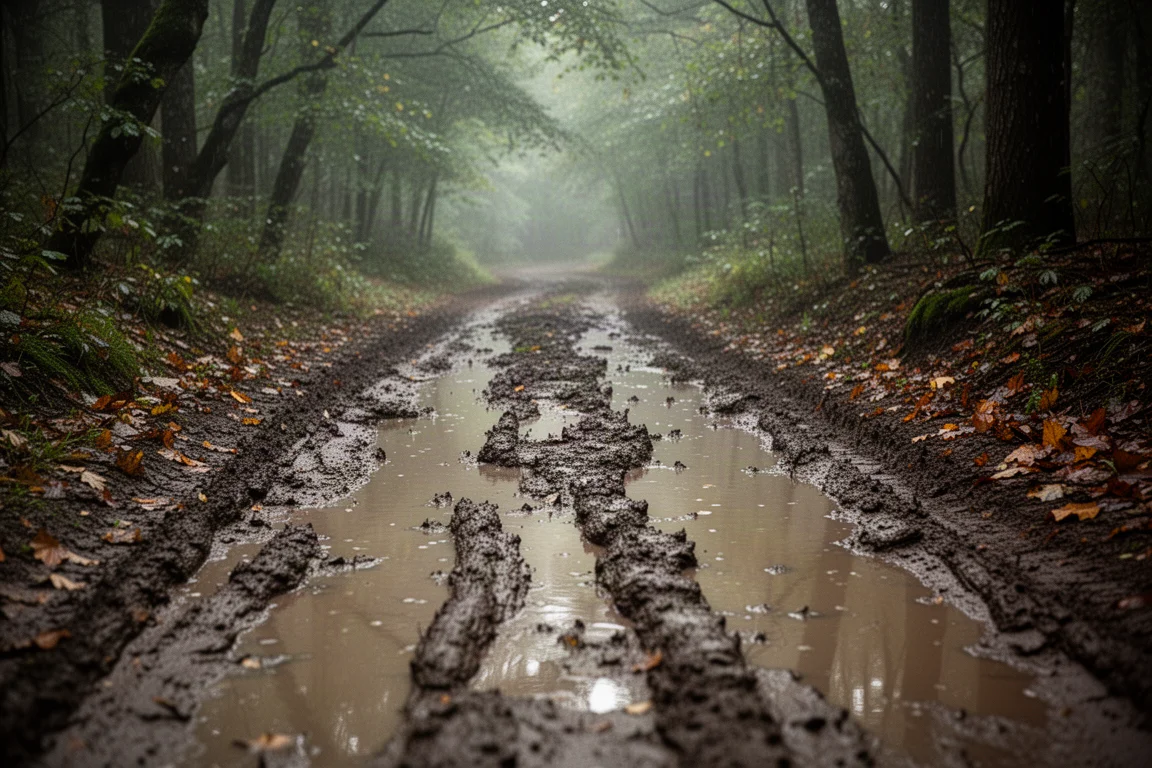 Sentier forestier boueux avec de petites flaques après la pluie