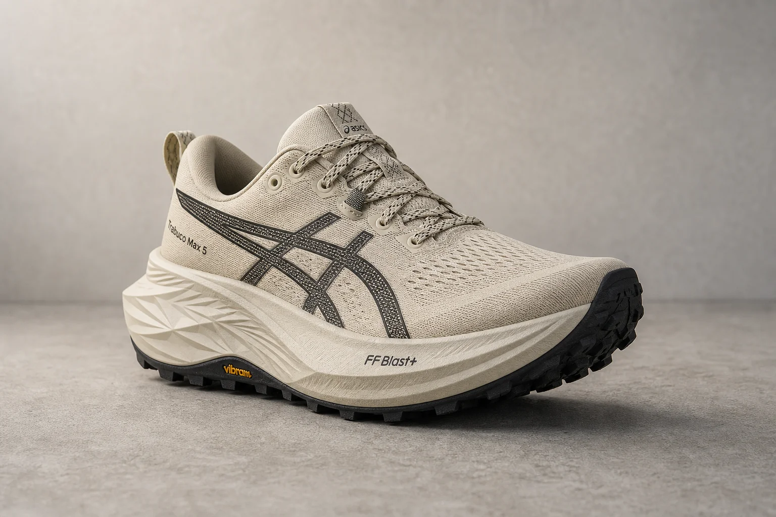 Seven trail running and hiking shoes arranged on concrete surface
