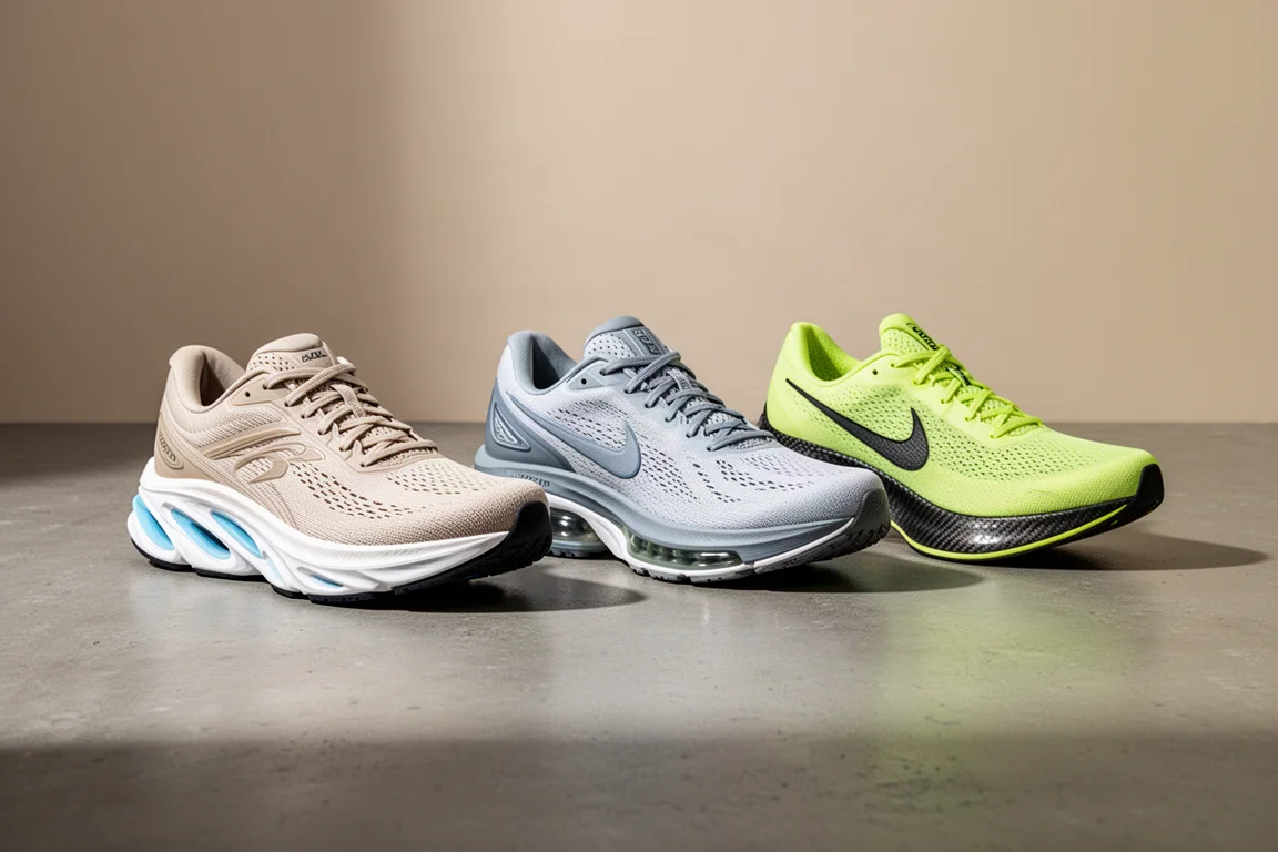 Three running shoes from different brands lined up on a concrete studio surface