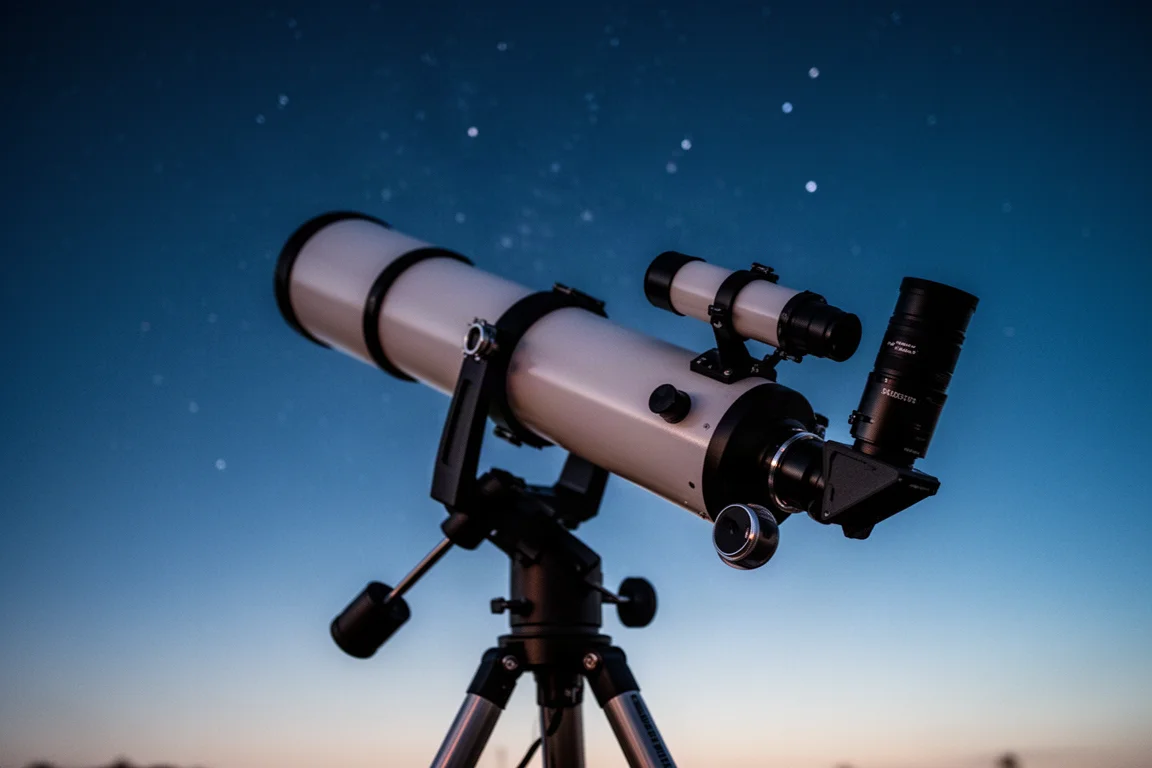 Telescopio rifrattore puntato verso un cielo notturno stellato con una fotocamera montata