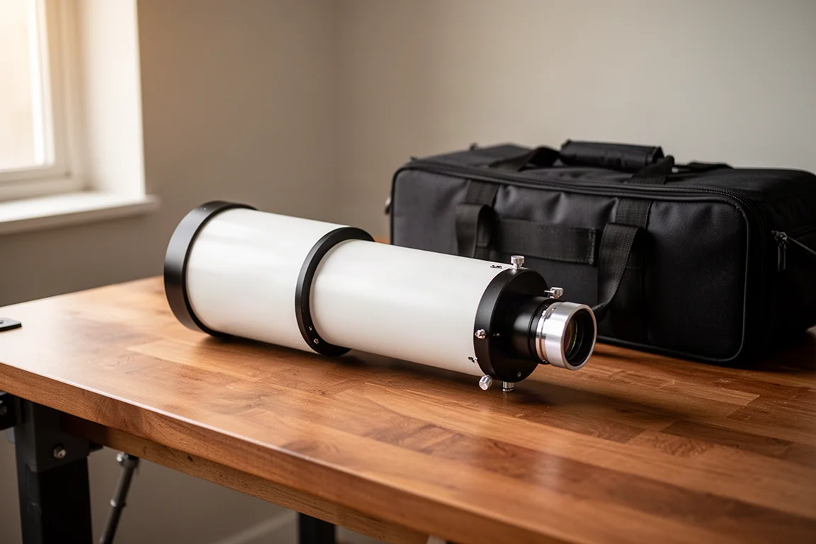 Setup telescopico compatto su una scrivania pronto per i viaggi