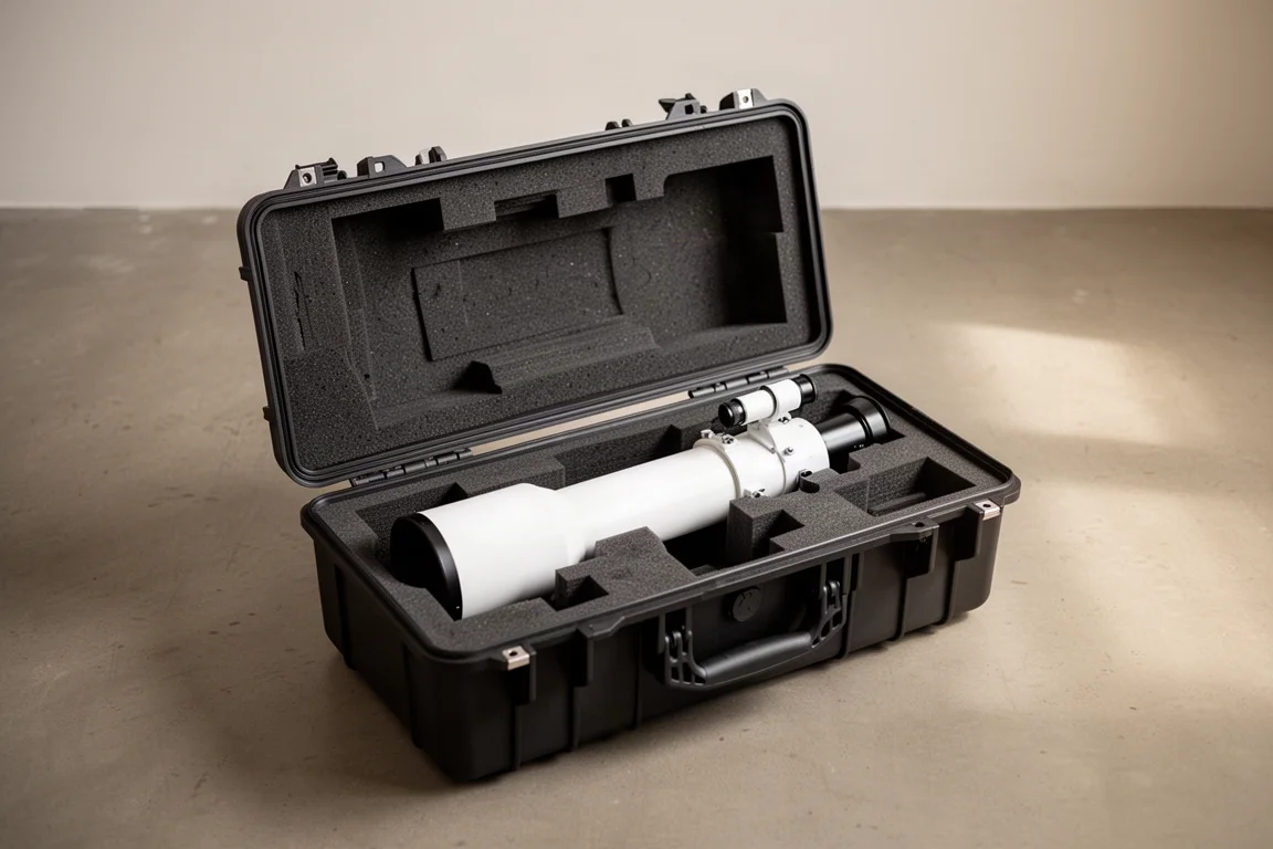 Teleskop in einem stabilen Hartschalenkoffer, verpackt für den Transport