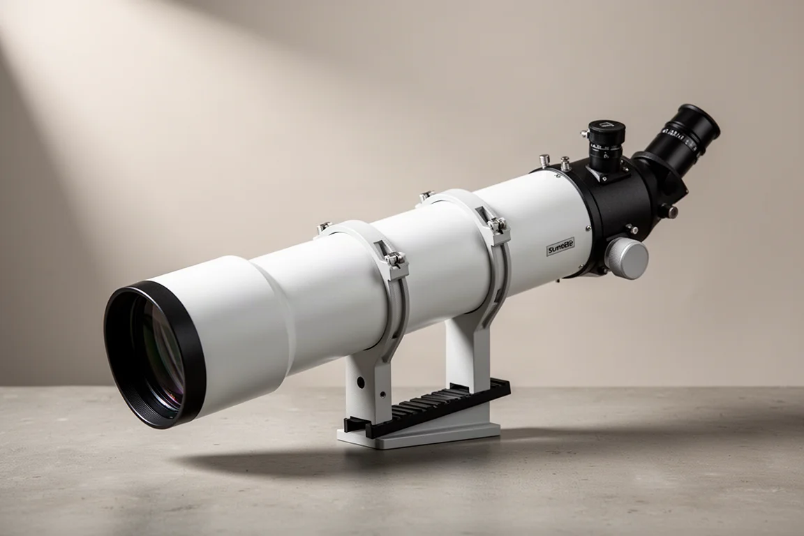 White flat-field refractor telescope on tube rings against a neutral backdrop