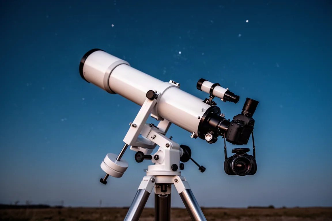 Großes Refraktor-Teleskop unter klarem Nachthimmel neben einer Imaging-Ausrüstung aufgebaut