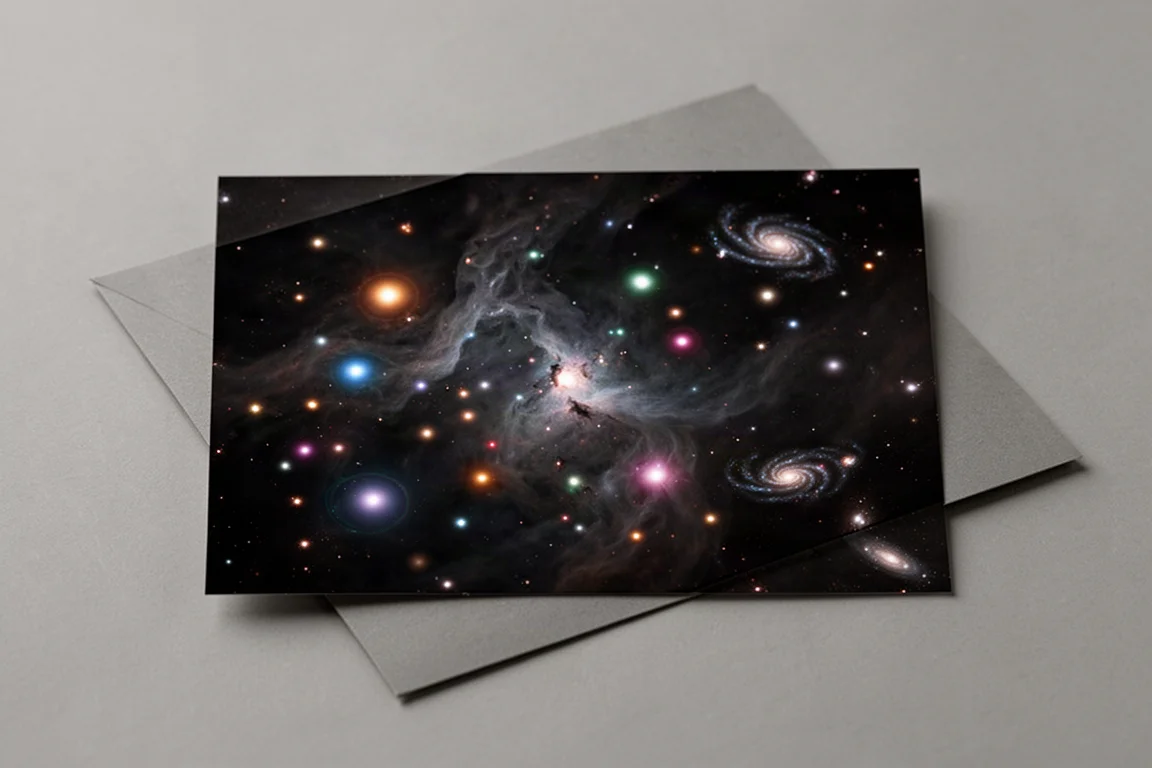 Ausgeschnittenes Deep-Sky-Nebelbild mit Staubstrukturen und kleinen Hintergrundgalaxien