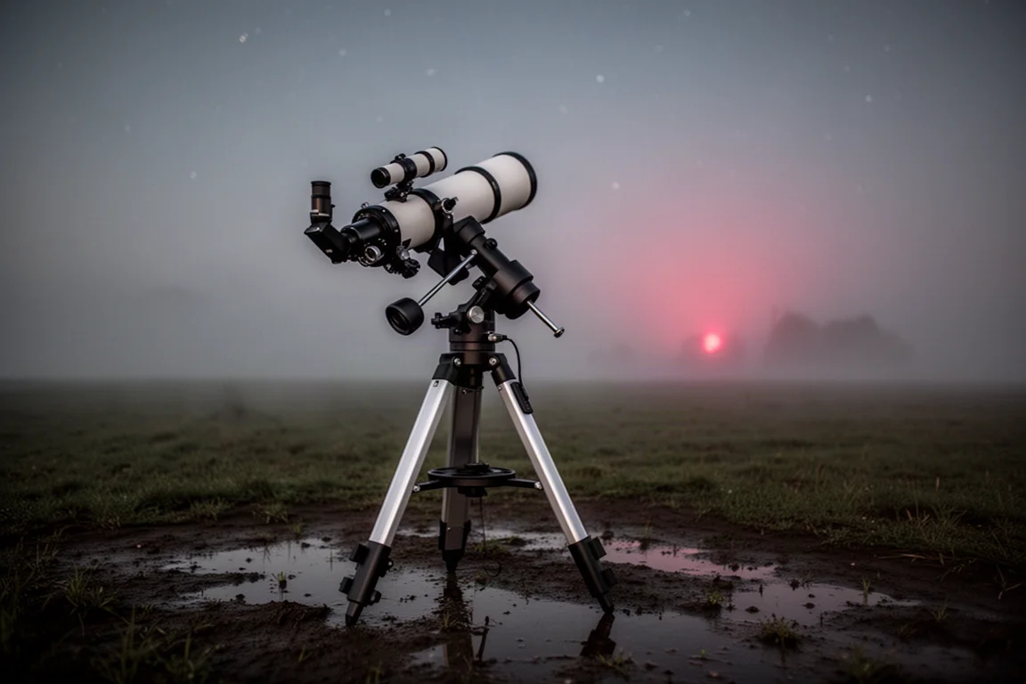 Teleskop auf leicht nachgiebigem Boden an einem dunklen Beobachtungsort bei Nacht