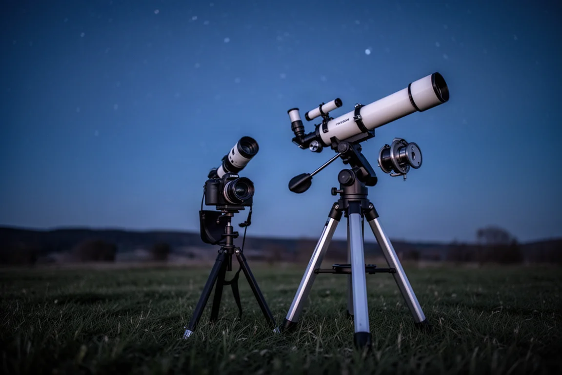 Astrofotografie-Setup im Garten während der blauen Stunde