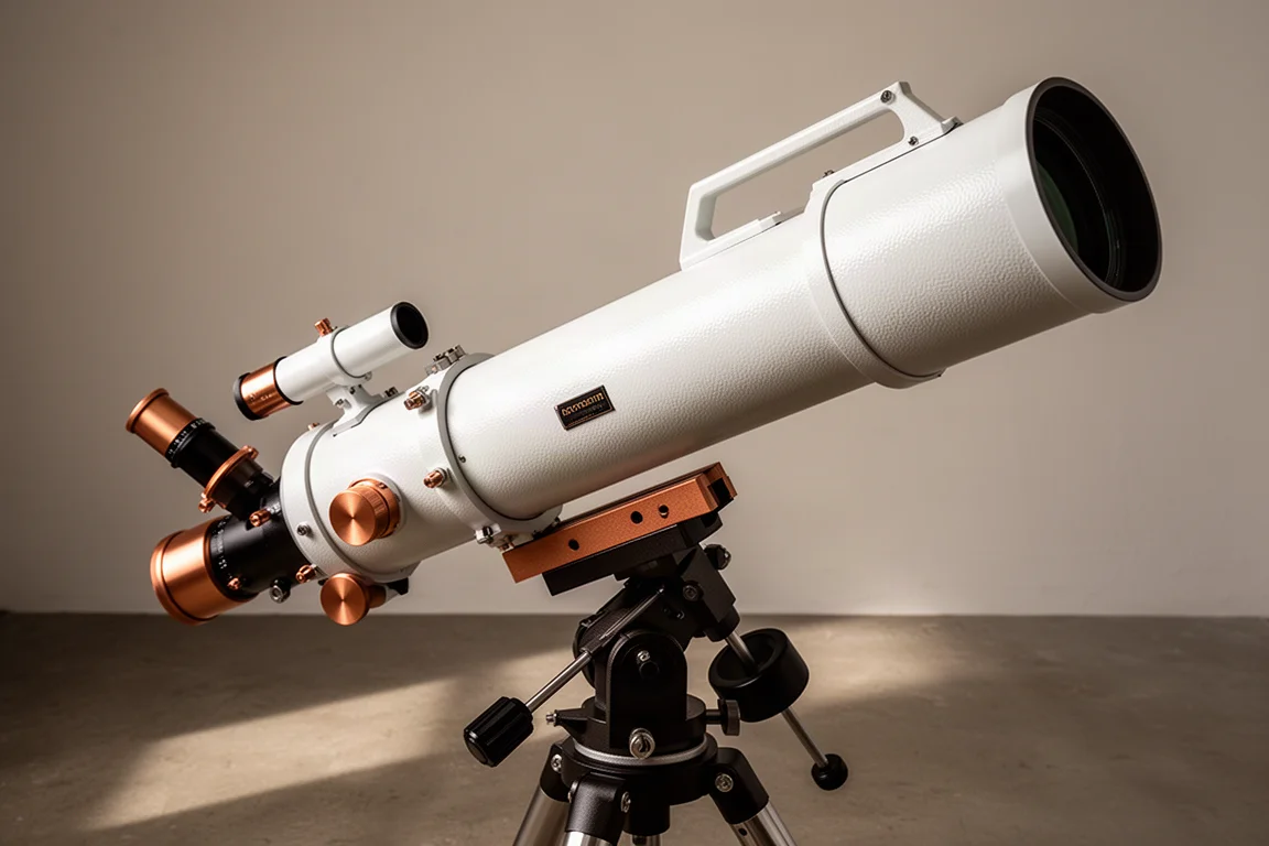 Large white apochromatic refractor telescope mounted on an equatorial mount