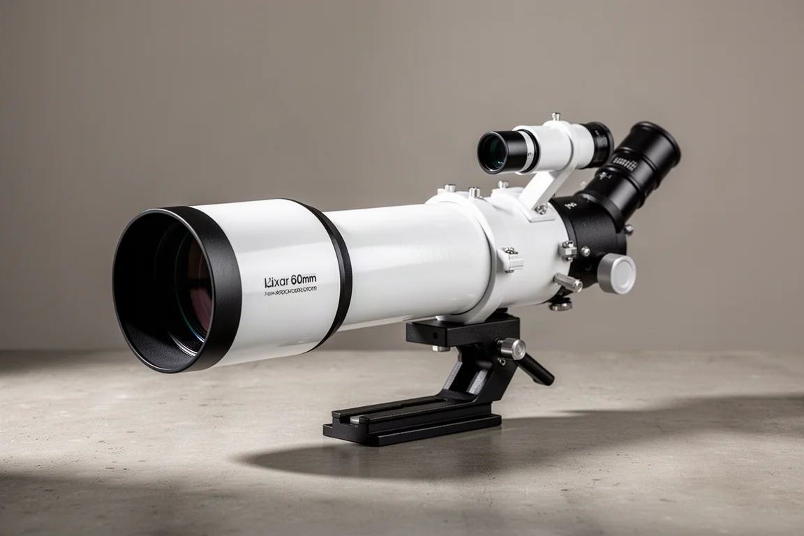 Compact white apochromatic refractor telescope with dew shield extended on a dovetail