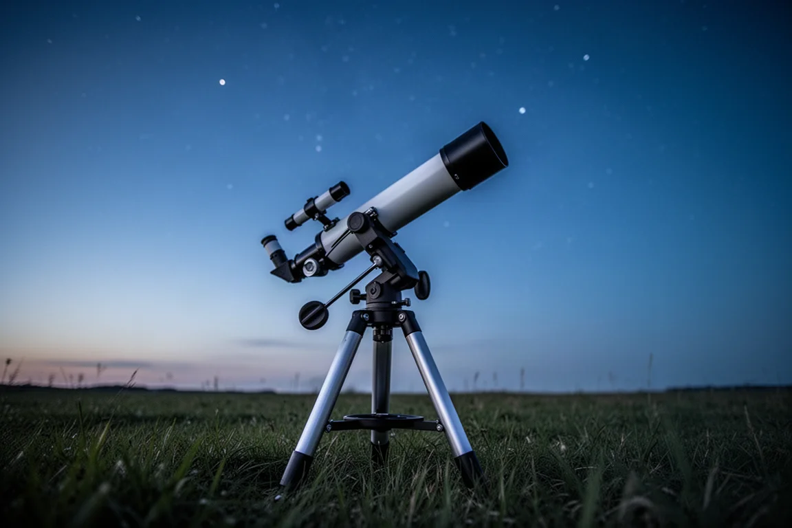 Astrofotografie-Setup mit einem Teleskop, gerichtet auf einen sternklaren Nachthimmel