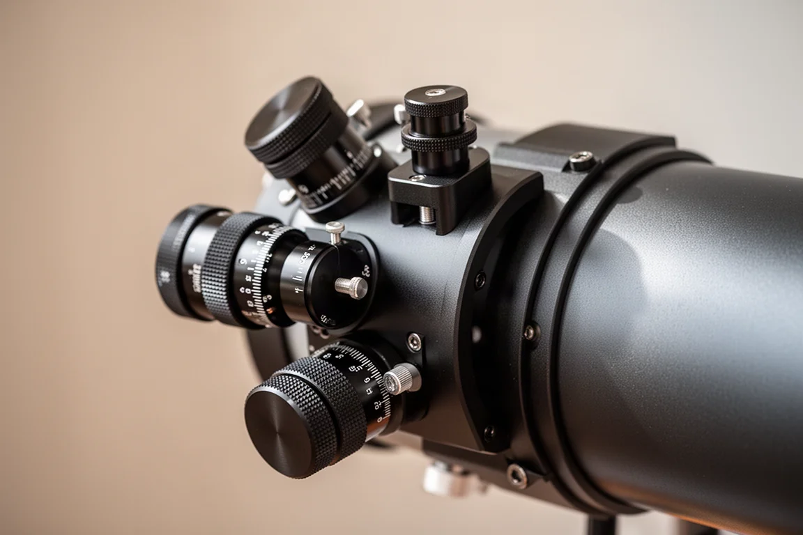 Nahaufnahme einesDual-Speed-Rack-and-Pinion-Fokussiers an einem Teleskop