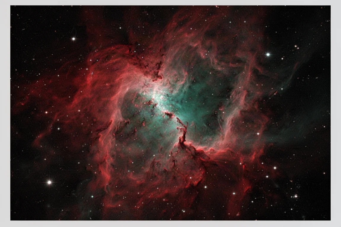 Detailaufnahme eines Emissionsnebels mit Strukturen von Hydrogen Alpha und Oxygen 3 vor einem Sternenfeld