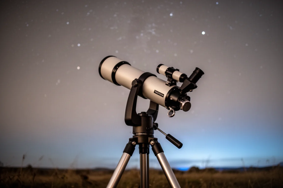 Teleskop-Aufbau auf einer sternverfolgenden Montierung, auf den Nachthimmel gerichtet während einer Langzeitbelichtung
