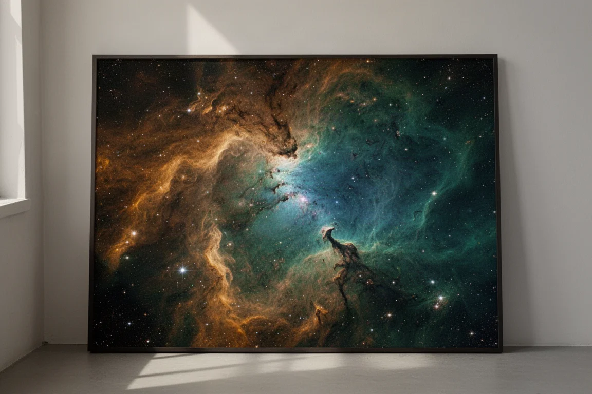 Fertiges Nebelbild in Hubble-Palette mit orangefarbenen, türkisfarbenen und goldenen Filamentdetails