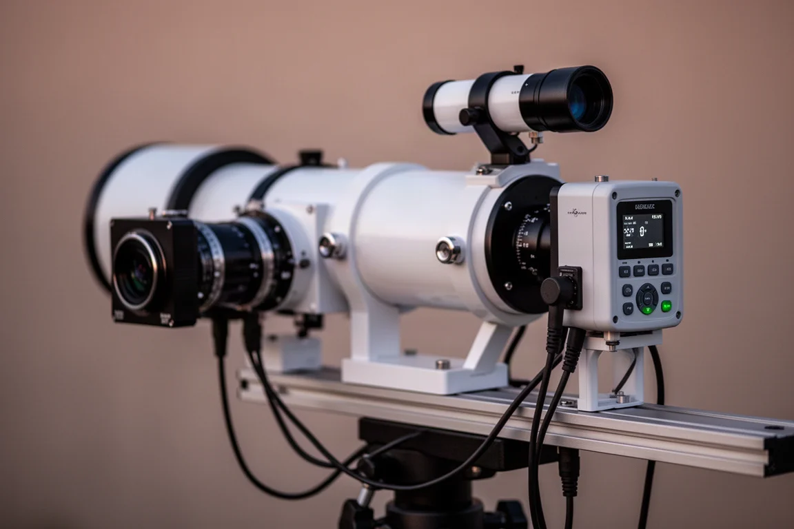 Freihändige Imaging-Rig mit Kamera, Autoguider und Steuergerät an einem kleinen Teleskop