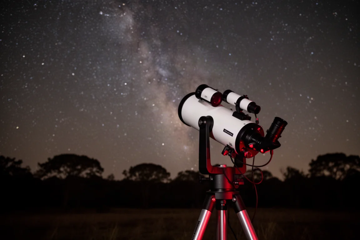 Kleines Teleskop fotografiert spätabends den Nachthimmel, laufende Nachführmontierung