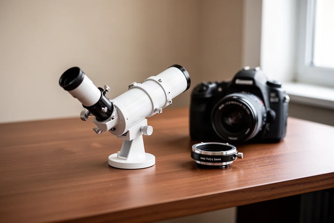 Kompaktes Refraktor-Teleskop auf einem Holztisch neben einer DSLR-Kamera