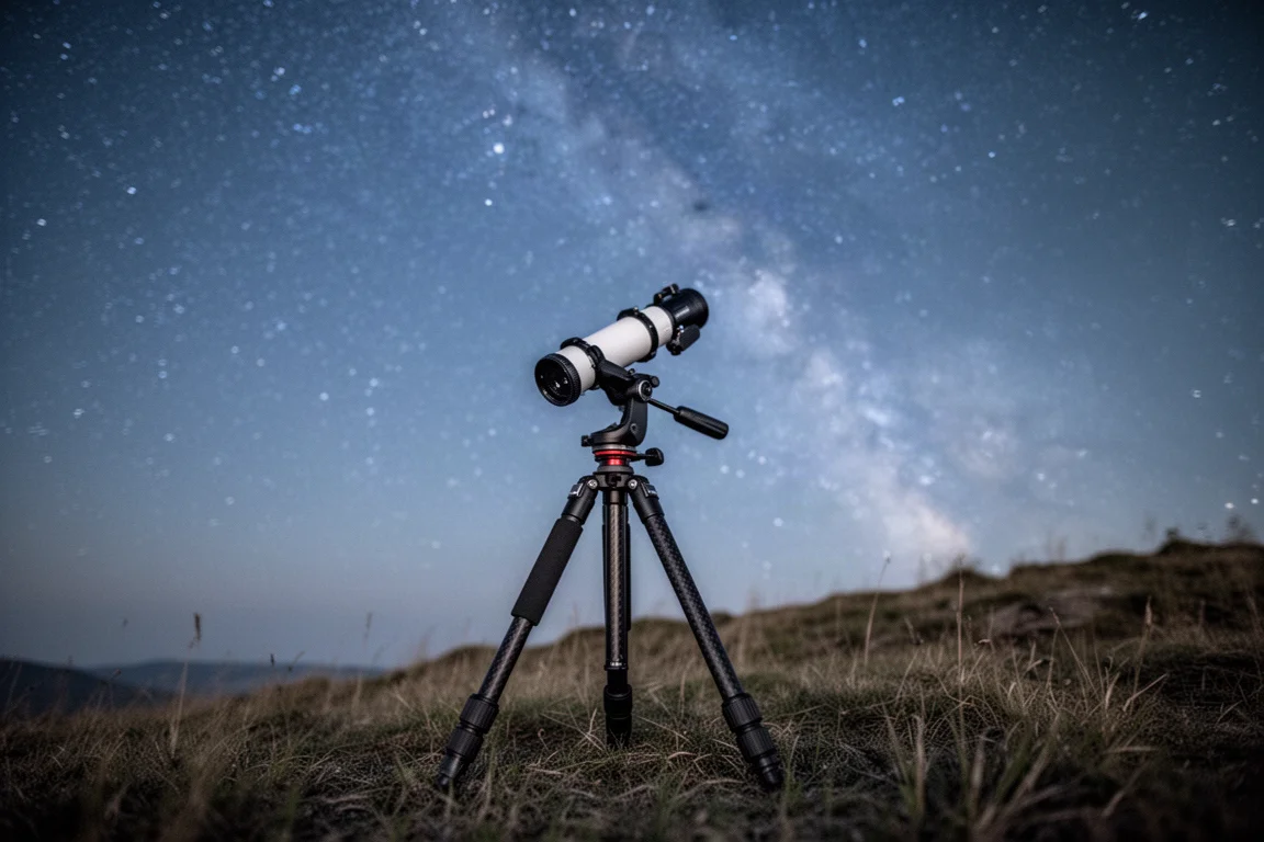 Star Tracker und Stativ auf einem grasbewachsenen Hügel unter sternenklarem Himmel aufgebaut