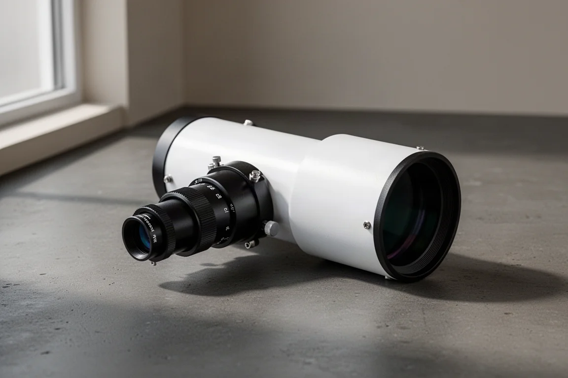 Compact white apochromatic refractor telescope on a dark concrete surface