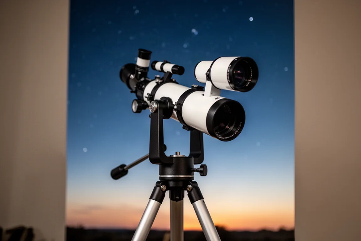 Kompaktes Refraktor-Teleskop auf einem Star Tracker unter dunklem Nachthimmel