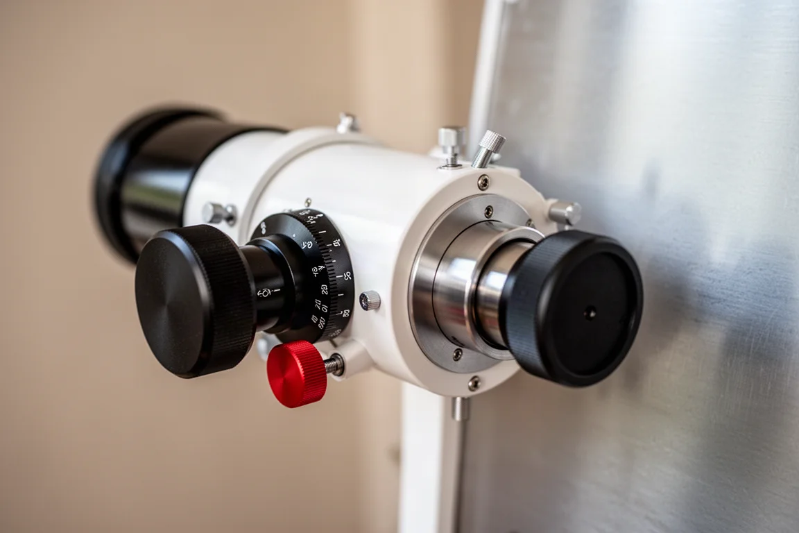 Nahaufnahme eines Rack-and-Pinion-Fokusierers mit Feinfokus-Knobs